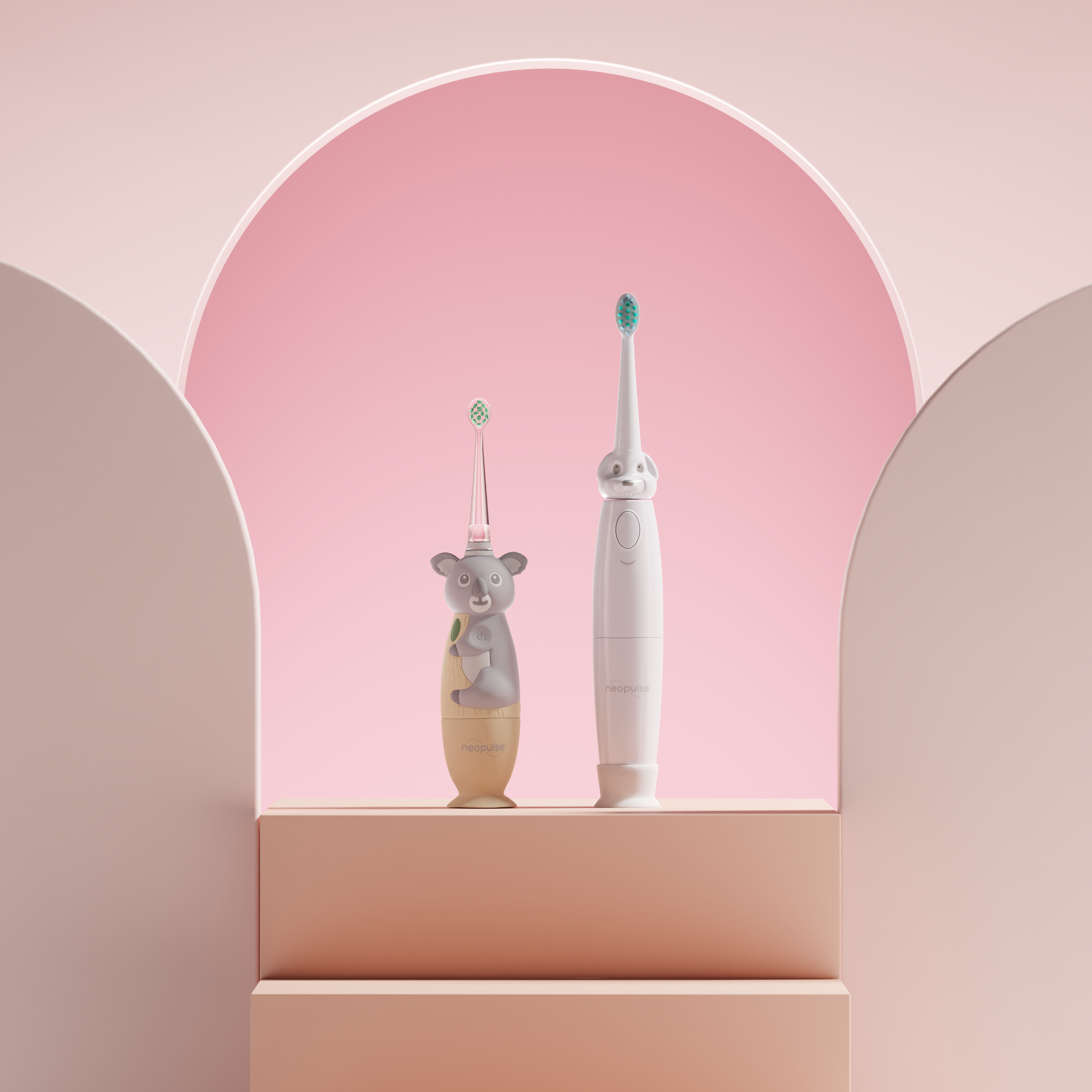 Brosses à dents électriques NEOPULSE pour enfants, modèles NEOKIDS et NEOBABY avec design koala ludique.