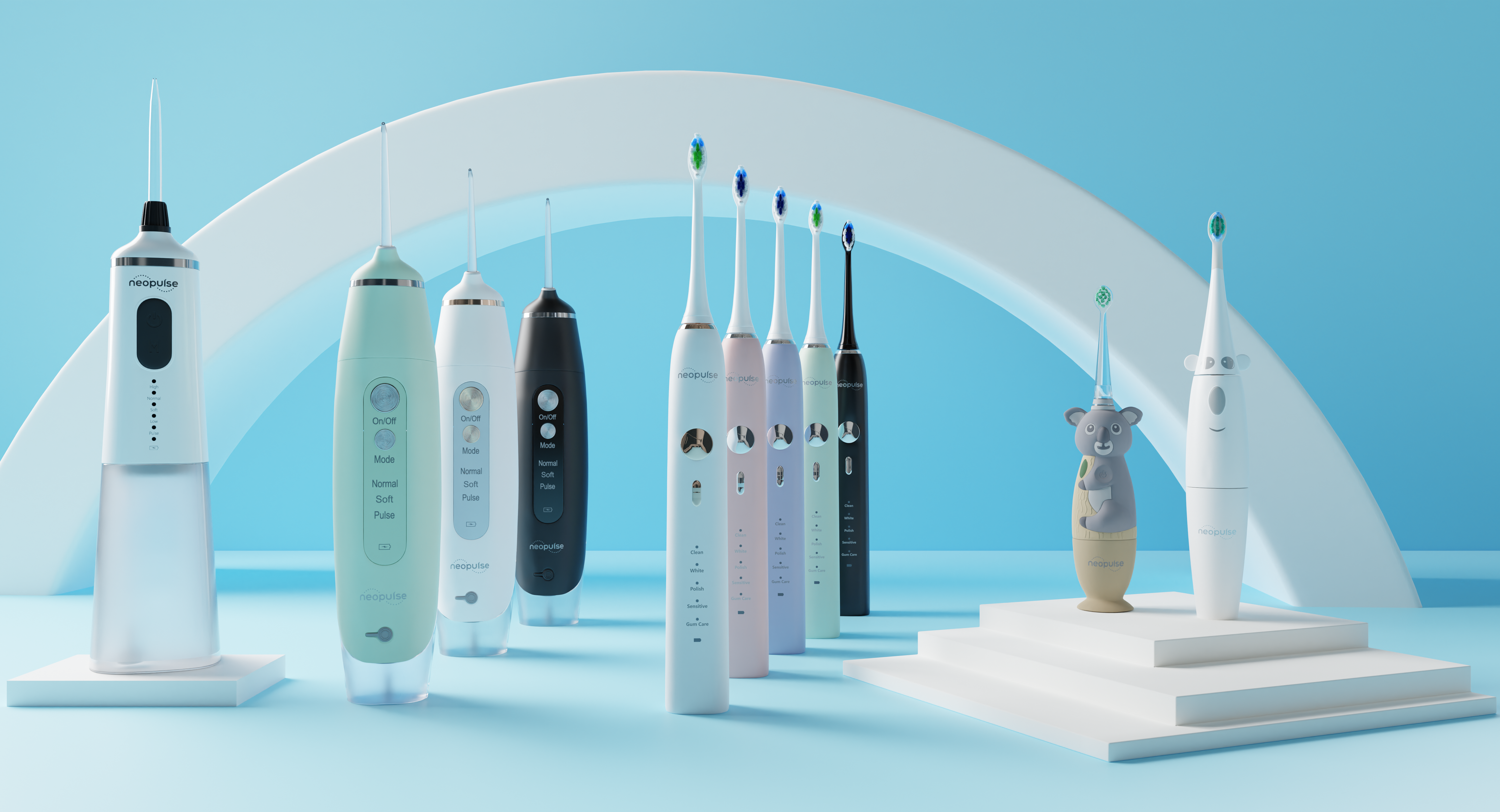 Gamme complète de produits NEOPULSE, incluant jets dentaires et brosses à dents électriques pour une routine dentaire complète.