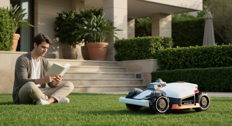 Le robot tondeuse MAMMOTION tond tandis que son utilisateur lit, assis dans son jardin.